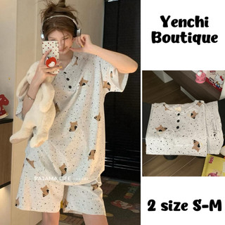 Bộ Đồ Ngủ Nữ Mặc Nhà Chấm Bi In Hình Cún Chất Cotton Co Giãn Form Rộng - Set Đồ Bộ Mùa Hè Tay Ngắn Quần Đùi Hack Dáng