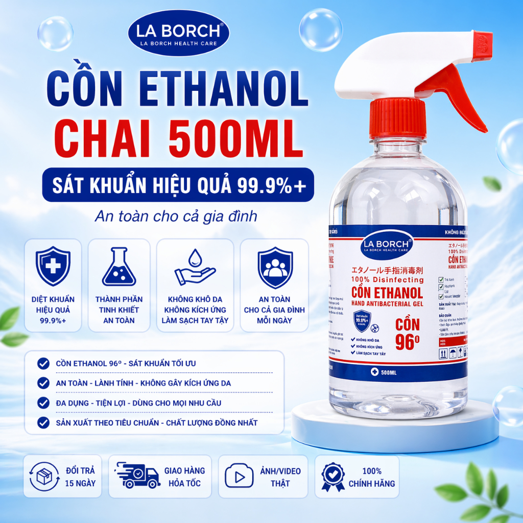 [CHAI 500ML 70 ĐỘ] Cồn Y Tế Xịt Khuẩn Ethanol LaBorch Chai 500ML 70 Độ Có Vòi Xịt, Có Hương