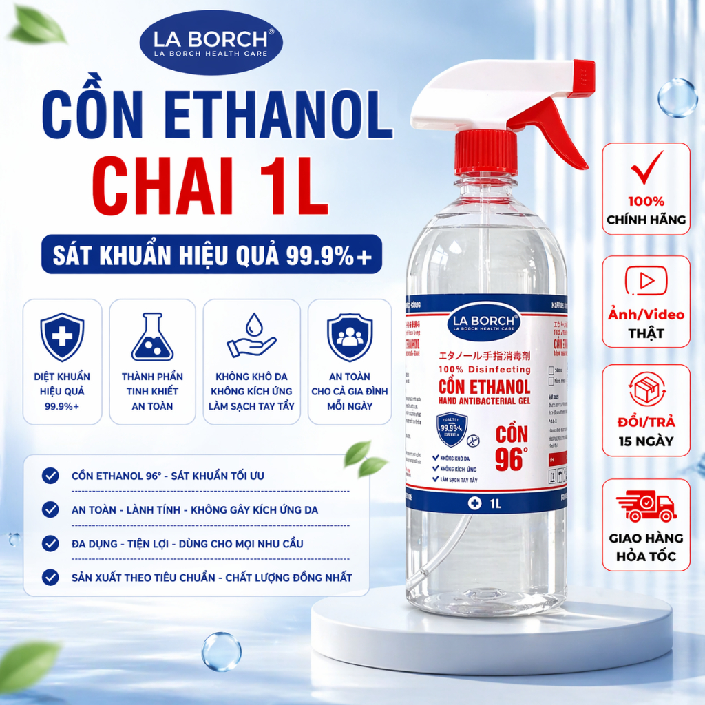 [CHAI 1L 96 Độ] Cồn Y tế Xịt Khuẩn Ethanol LaBorch Chai 1L 96 Độ Có Vòi Xịt, Có Hương