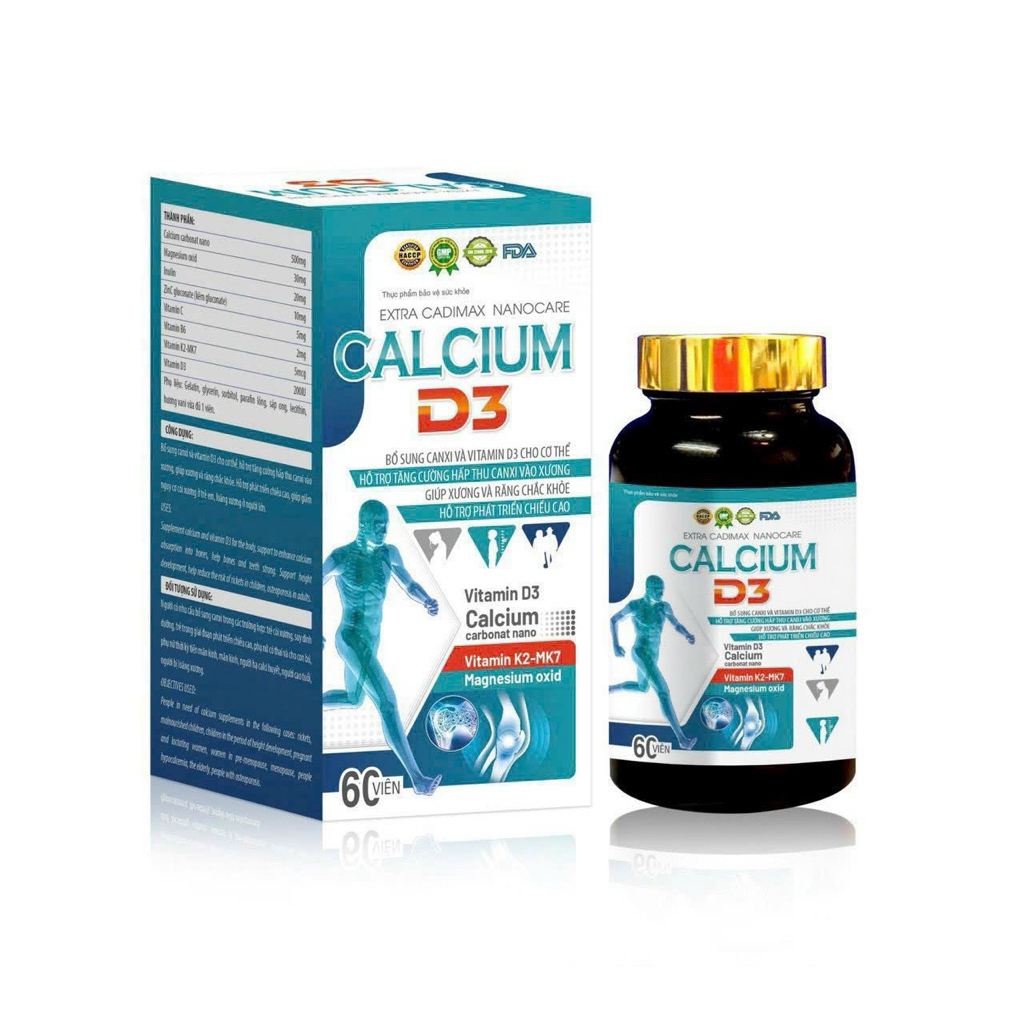 Viên uống Canxi Nano Extra Cadimax Nanocare Calcium D3 K2-MK7 - Hỗ trợ tăng chiều cao, ngừa loãng xư