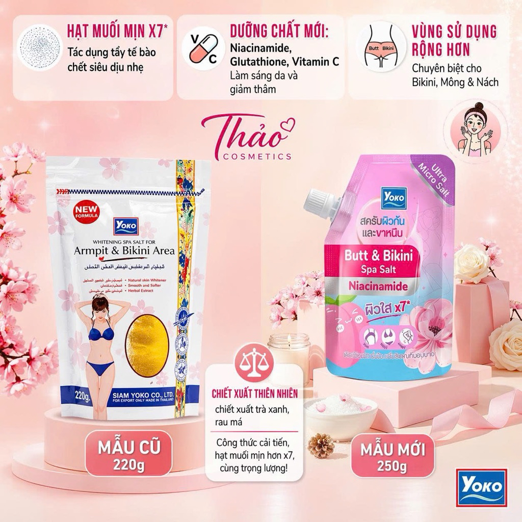 (phiên bản mới) Muối Tắm Tẩy Tế Bào Chết Trắng Da Ngừa Thâm YOKO Whitening Spa Salt 220g Vùng Nách và Bikini