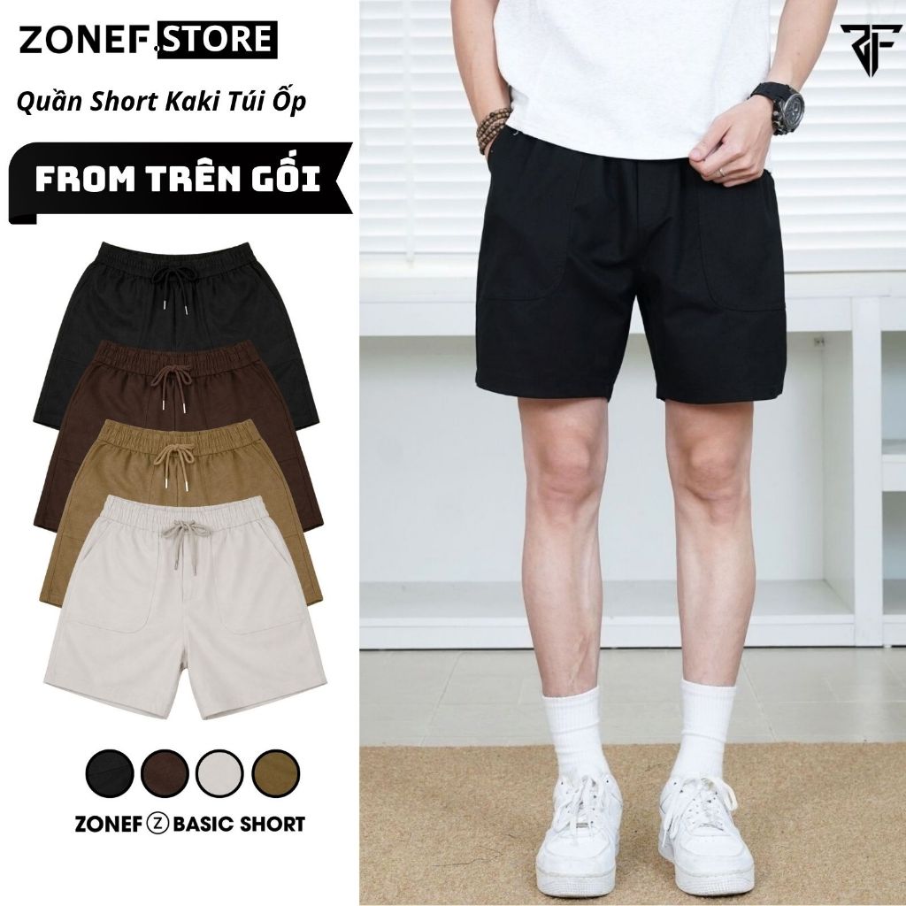 Quần Short Kaki Phối Túi Ốp Cạp Chun ZONEF CLUB Form Trên Gối, Quần Short Nam Nữ Unisex Chất Liệu Ka