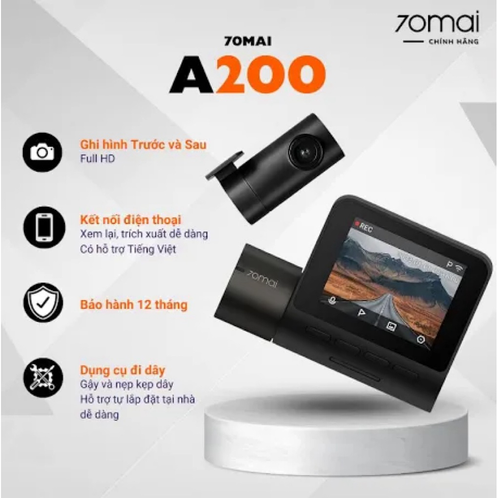 CAM HÀNH TRÌNH 70MAI A200 – GHI HÌNH TRƯỚC SAU, FULL HD