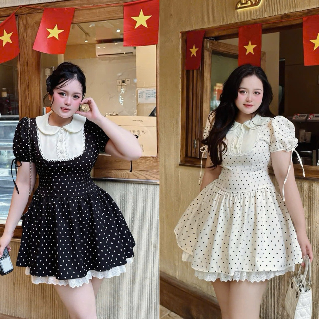 Hiếu Hiếu Bigsize Đầm cổ bèo chấm bi dễ thương bigsize 55-100kg