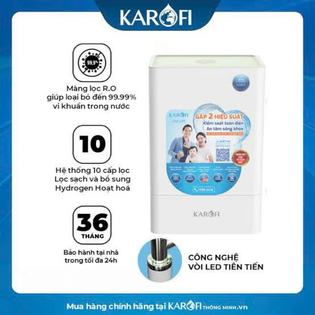 Máy lọc nước Karofi KAQ-U98 ( Tặng bộ cấp lọc 123 Smax Pro V + kèm chân kê lọc nước khi mua sản phẩm