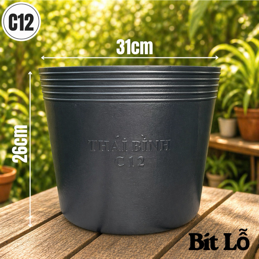 Chậu Nhựa C12 Đen Bít Lỗ (Trồng sen, nuôi cá,…) [31x26]