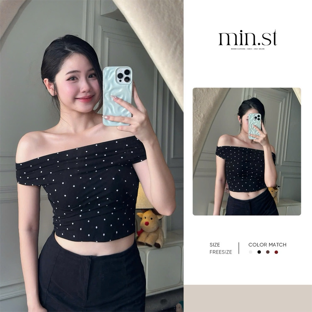 𝐍𝐚𝐨𝐦𝐢 𝐭𝐨𝐩 - Áo trễ vai mặc nhiều kiểu hoạ tiết chấm bi hot trend