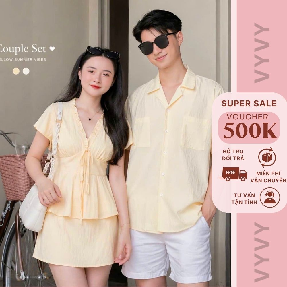 Set Đồ Đôi Mùa Hè – Áo Sơ Mi Nam & Set Nữ Áo Peplum + Chân Váy Ngắn, Outfit Couple Thanh Lịch