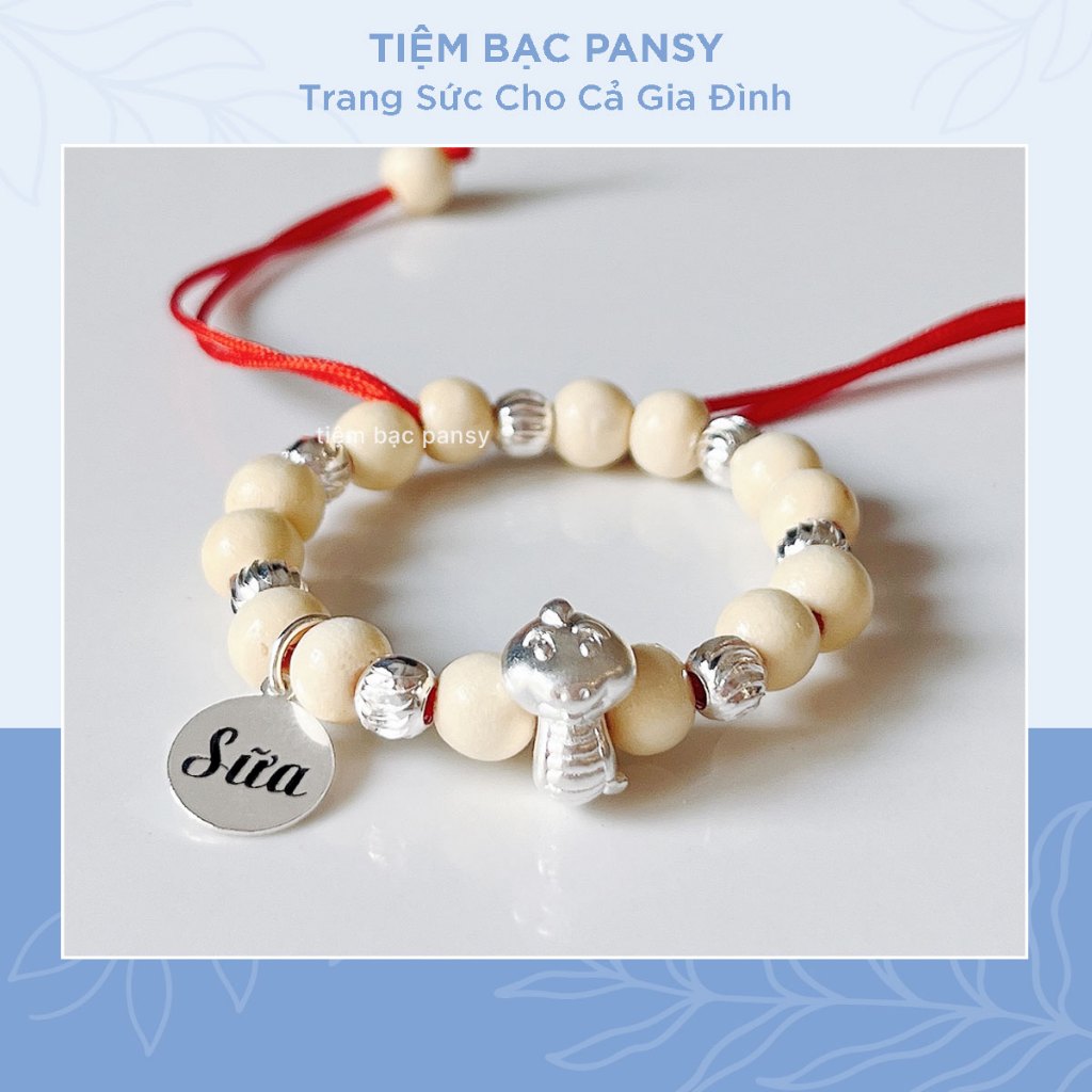 Vòng dâu tằm tuổi Tỵ khắc tên- Vòng dâu tằm cho bé mix charm Rắn bằng bạc ta mang lại may mắn, bình an