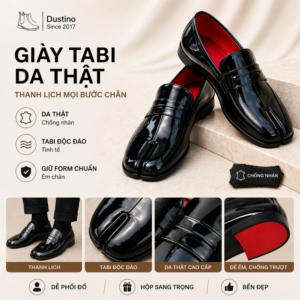Giày Da Tách Ngón Patern Tabi Loafer, Đế Phíp Bảo Hành 2 Năm
