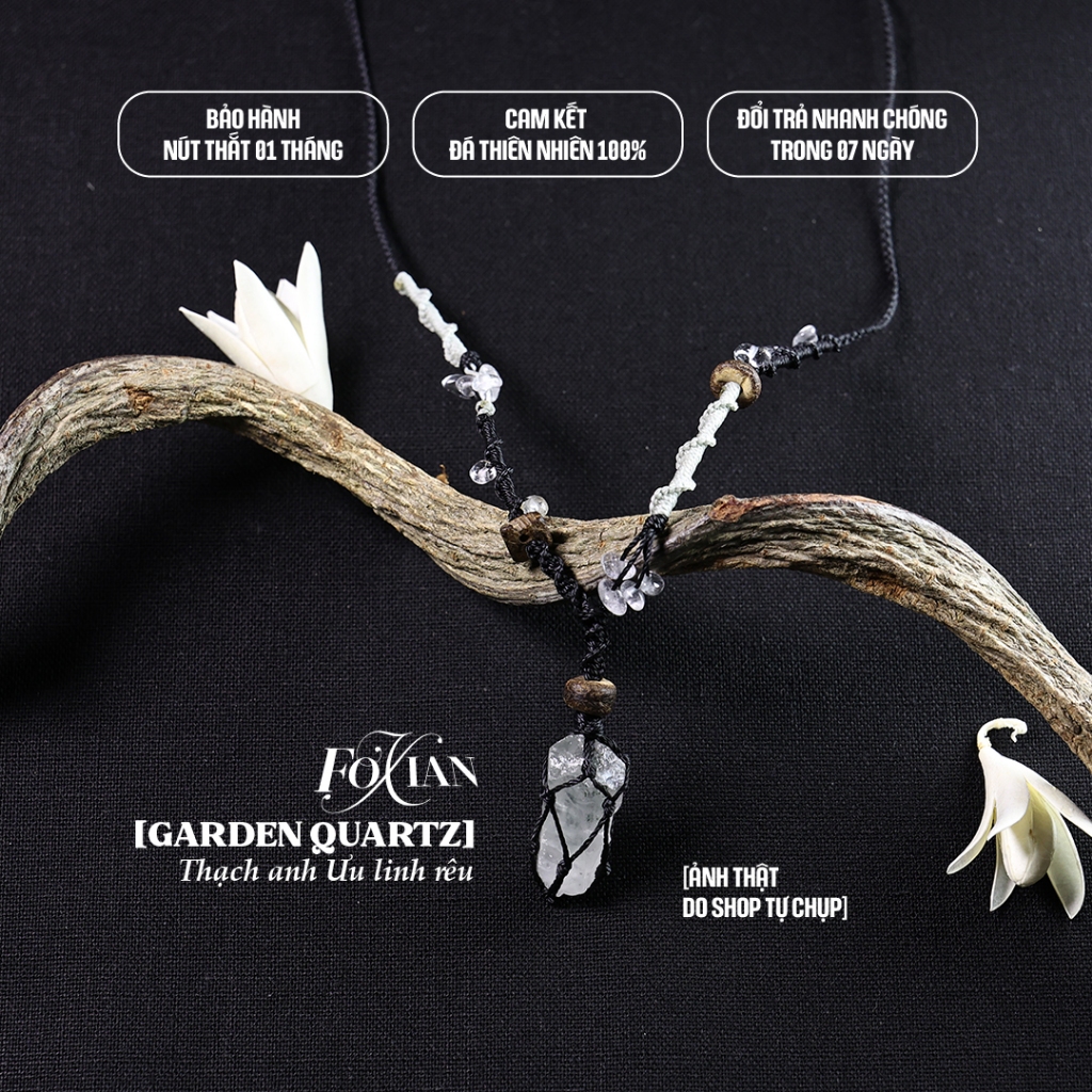 [FOXIAN] Vòng cổ handmade Macrame Đá Thạch anh Ưu linh rêu (Garden Quartz) x "MOSS", thanh tẩy năng 