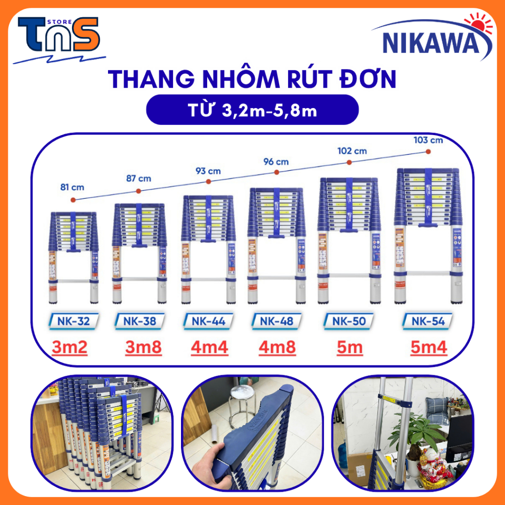 Thang nhôm rút NIKAWA Nhật bản NK60 6m, NK54 5.4m, NK50 5m, NK48 4,8m , NK44 4m4, NK38 3m8, NK32 3m2