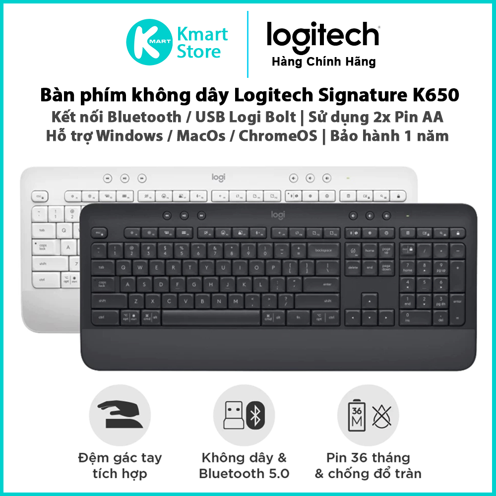 Bàn Phím Không Dây Logitech Signature K650 | Bàn phím số , gác tay tích hợp, Bluetooth & USB Logi Bo