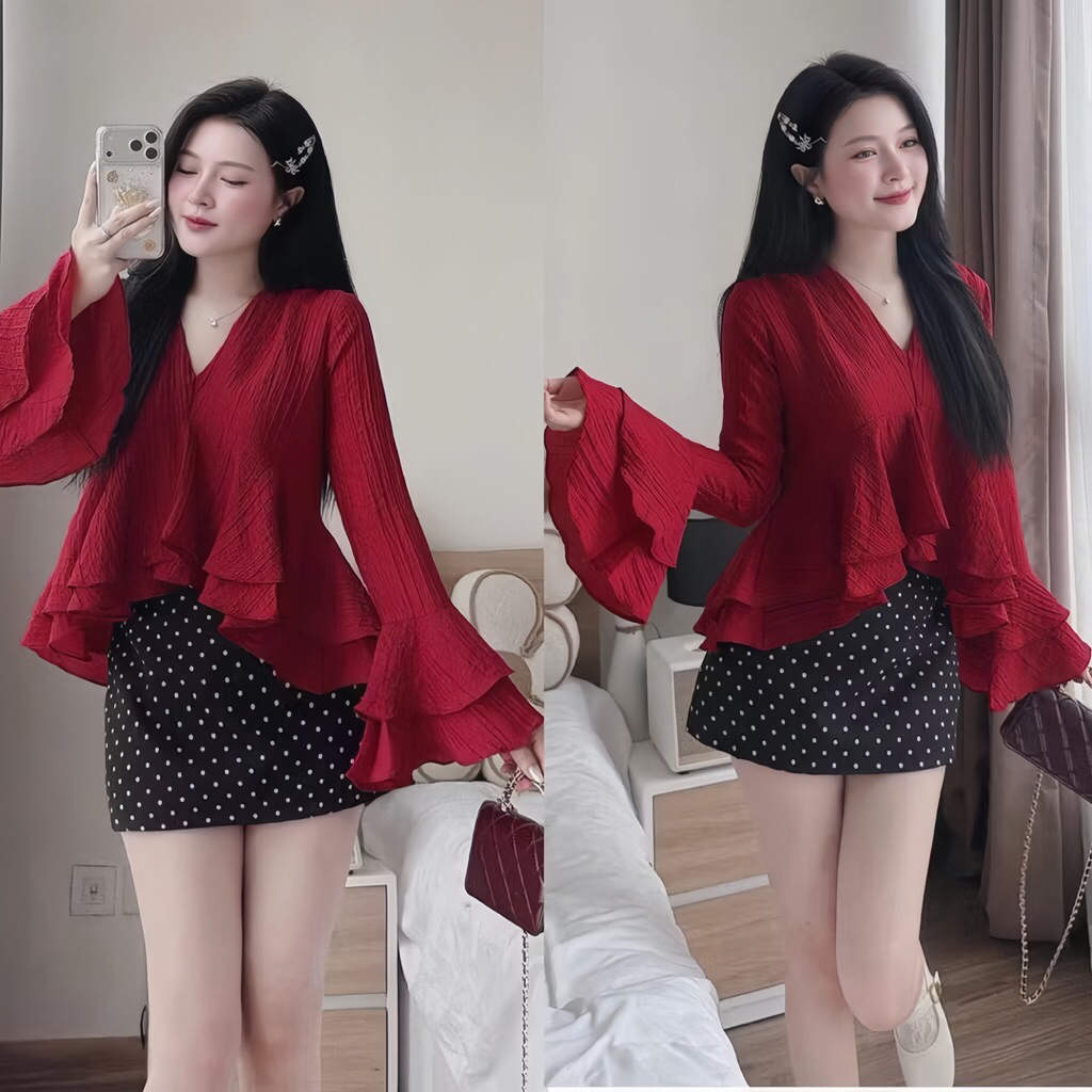 ( Bigize 55-100kg ) Set Áo Tay Loe Cổ V Kèm Chân Váy A form Bigsize 55-100KG
