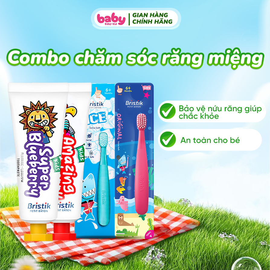 Combo Chăm Sóc Răng Miệng Bristik Bàn Chải +Kem Đánh Răng Hàn Quốc Cho Bé Hữu Cơ Giúp Chống Sâu Răng