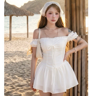 Đầm Trễ Vai Tay Bèo Đính Nơ TIBU Váy Nữ Chiết Eo Dáng Xoè (có quần) Trắng Tiểu Thư Xinh Xắn Mùa Hè Đi Chơi