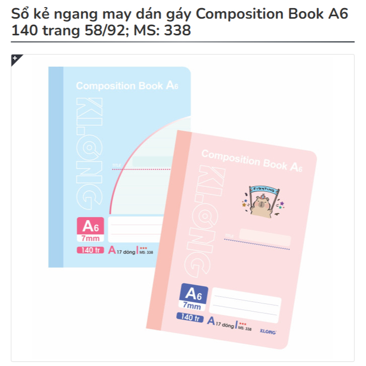 KLONG - Sổ kẻ ngang may dán gáy Composition Book A6 140 trang 58/92; MS: 338