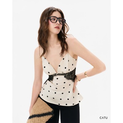 TUBYCATU Áo 2 Dây Chấm Bi Phối Ren Dot Crush Top Cổ V Quyến Rũ Sang Trọng