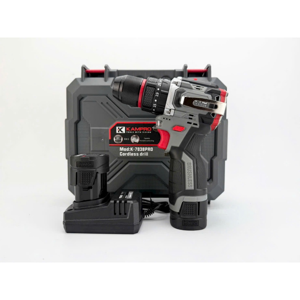 Máy Khoan Pin Kampro-7038, 3 Chức Năng, Đầu Kẹp 10ly Autolock, Động Cơ Không Chổi Than