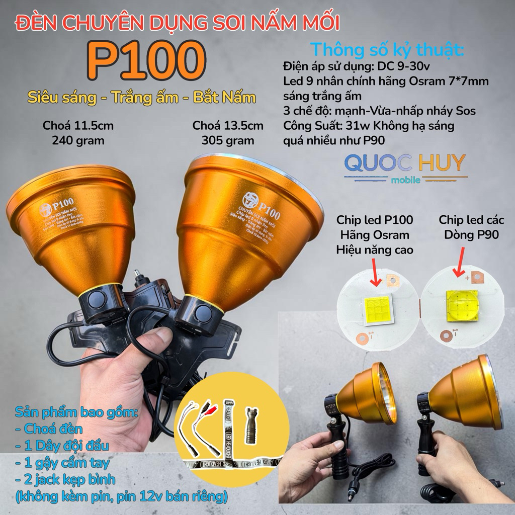 Đèn P100 đội đầu hoặc cầm tay chuyên dụng soi nấm mối siêu sáng-trắng ấm-bắt nấm sử dụng bình 9vol đ