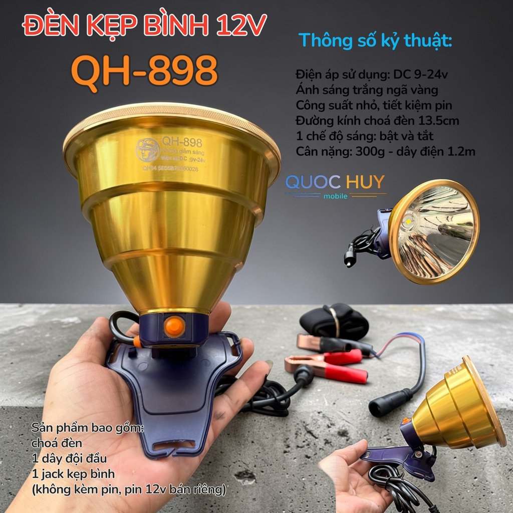 Đèn pin đội đầu đèn kẹp bình ắc quy P90 898 dùng soi nấm mối đi biển chóa đèn 13.5cm