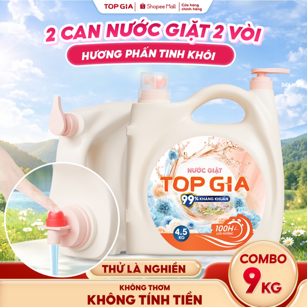 Combo 2 Can Nước Giặt Xả Top Gia 2 Vòi Tiện Lợi 4.5KG Lưu Hương Thơm 100H, Dịu Nhẹ Lưu Hương Cả Ngày
