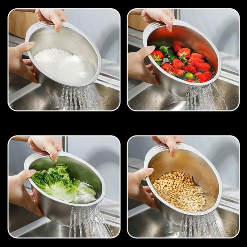 Bộ Thau Rổ Inox 304 Vo Gạo Đa Năng Có Lỗ Thoát Nước – Chậu Rửa Rau Củ Trái Cây, Rá Inox Tiện Lợi Nhà