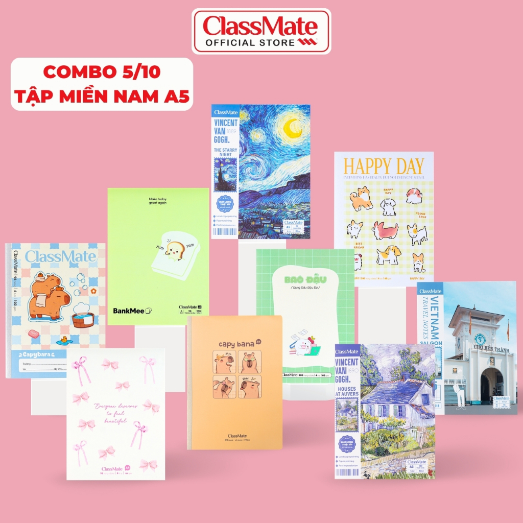 Combo 5/10 Tập Học Sinh Miền Nam 120gsm Classmate Vở 4 Ô Ly A5, Van Gogh, 96 Trang, Vở 5 Ô Li 2x2mm,