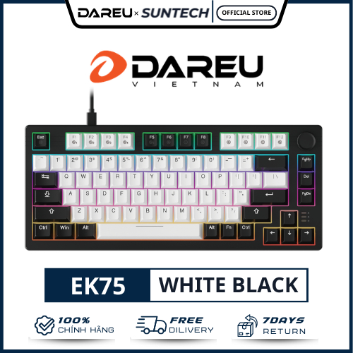 Bàn Phím Cơ DareU EK75 White Black - Layout 75% Có Núm Xoay, LED Rainbow, Switch DareU Dream Siêu Mư