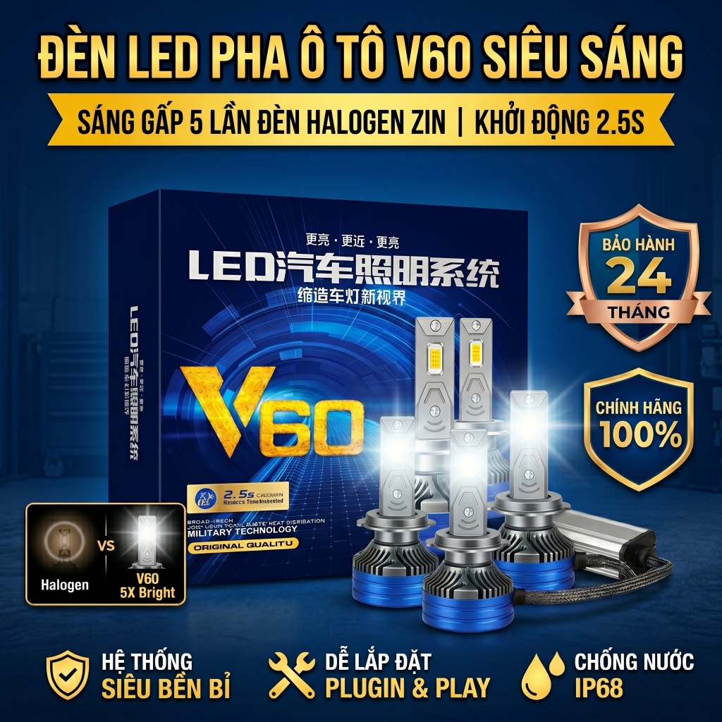 Đèn Pha LED V60 Siêu Sáng Cho Ô Tô Xe Máy, Bóng Đèn Pha Tăng Sáng H4 H1 H7 H11 9005 9006, Ánh Sáng T