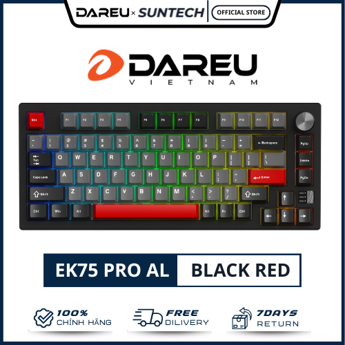Bàn Phím Cơ Nhôm Nguyên Khối DareU EK75 Pro AL Black Red - 3 Mode Kết Nối, Mạch Xuôi, Gasket Mount, 