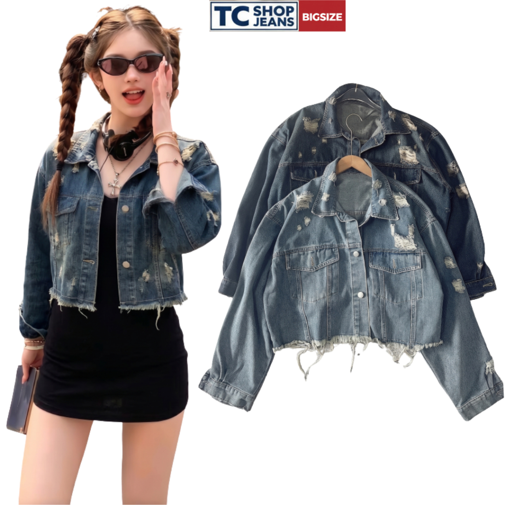Áo khoác jean croptop rách túi hộp 2 màu bụi form freesize 55-75kg TC SHOP JEANS bigsize chất jean d