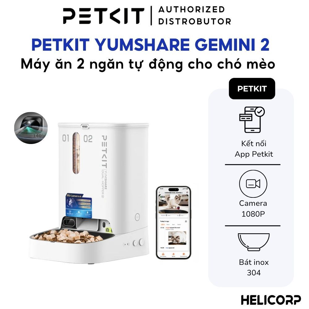 Máy Cho Chó Mèo Ăn Tự Động Có Camera Petkit YumShare Gemini 2 - 2 Ngăn, 5L - HeLiCorp