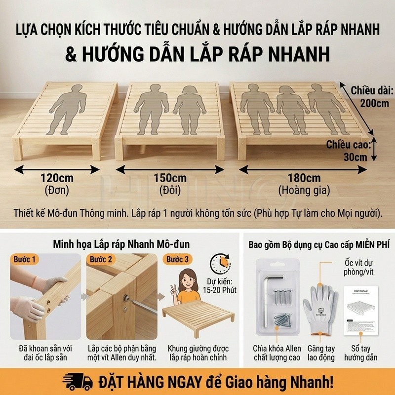 HEINO Giường Ngủ Pallet Gỗ Tự Nhiên Đủ Kích Thước Chất Lượng Cao Loại Chân Cao - Bảo Hành 12 Tháng | BigBuy360 - bigbuy360.vn