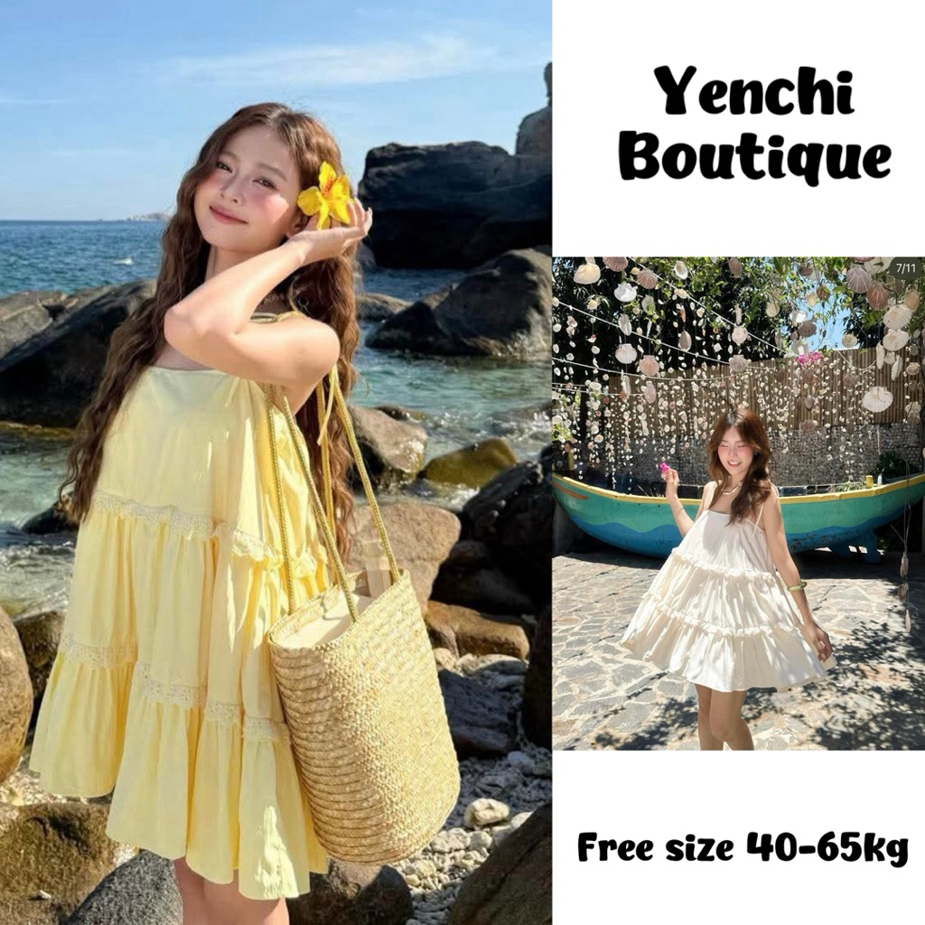 Váy 2 Dây Buộc Nơ Mặc Đi Biển  . Đầm đũi 3 tầng , babydoll bánh bèo tiểu thư Ulzzang