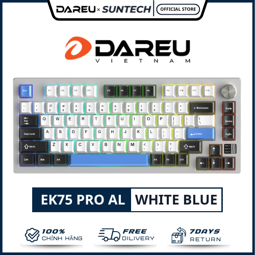 Bàn Phím Cơ Nhôm Nguyên Khối DareU EK75 Pro AL White Blue - 3 Mode Kết Nối, Mạch Xuôi, Gasket Mount,