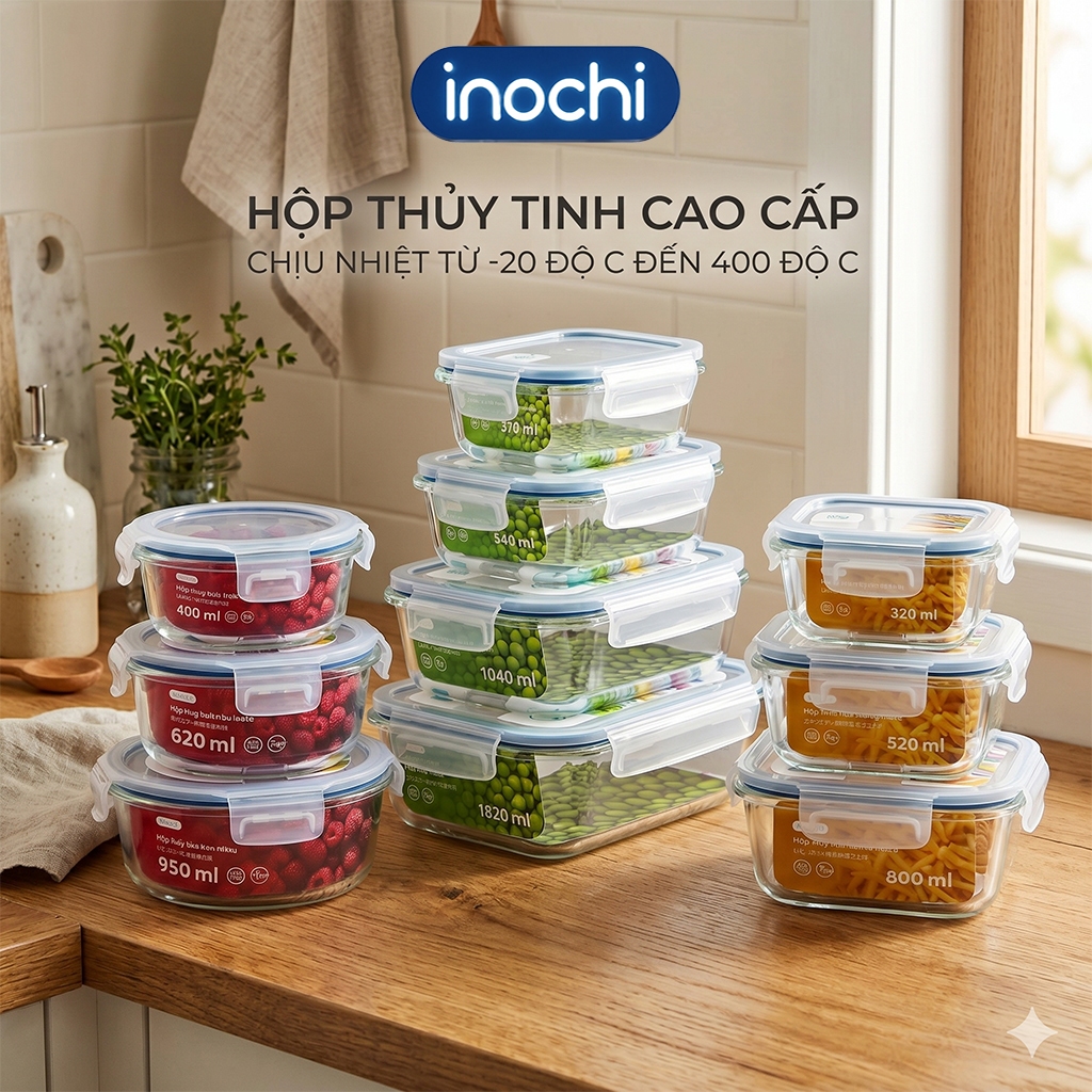 Hộp Thủy Tinh ✨Đựng Thực Phẩm Nikko INOCHI Đồ Ăn✨ Thức Ăn Trong Ngăn Đá Tủ…