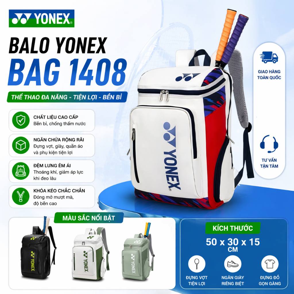 Balo Cầu Lông Yonex B1408 Trắng Xanh Đen ( Quảng Châu ) da pu chống nước đi học đi chơi cầu