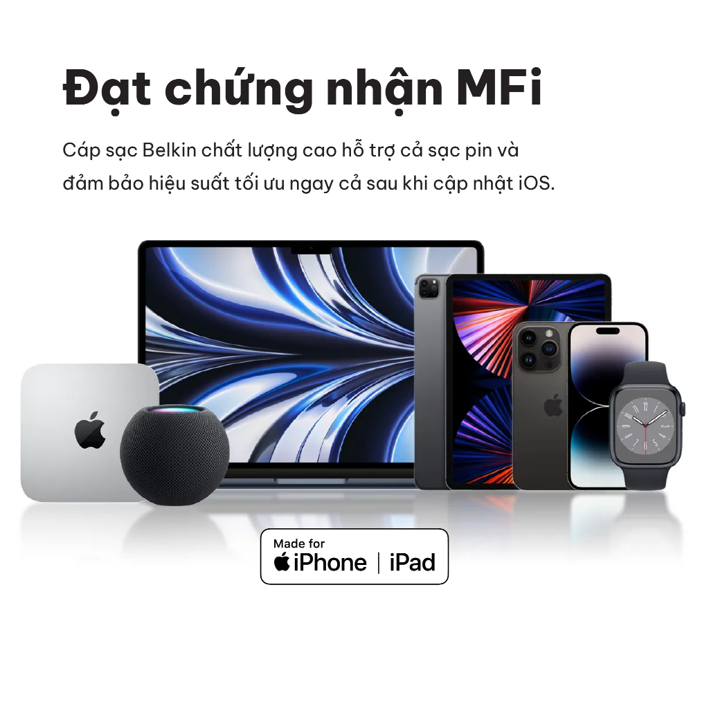 Cáp sạc nhanh Belkin USB-C to Lightning công suất 30W vỏ dù chứng chỉ MFi siêu bền truyền dữ liệu bảo hành 2 năm | BigBuy360 - bigbuy360.vn
