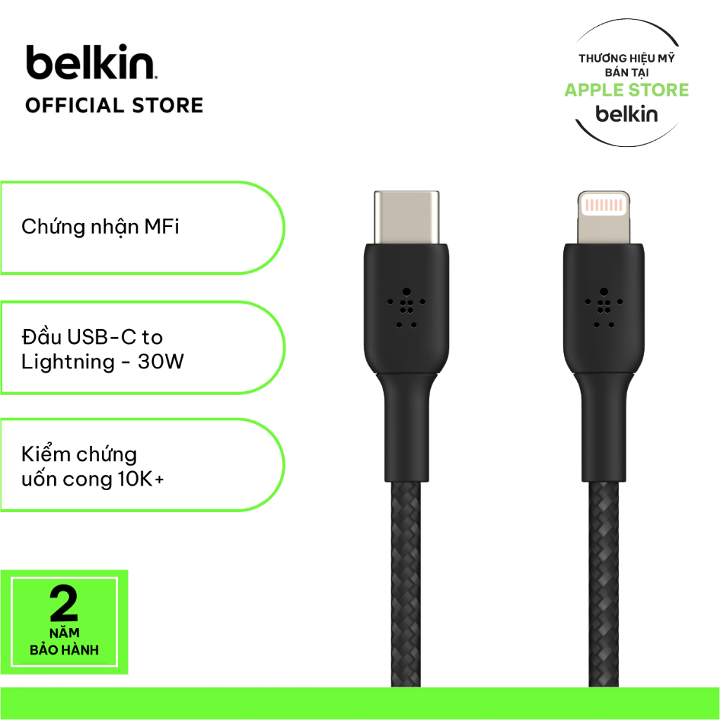 Cáp sạc nhanh Belkin USB-C to Lightning công suất 30W vỏ dù chứng chỉ MFi siêu bền truyền dữ liệu bảo hành 2 năm