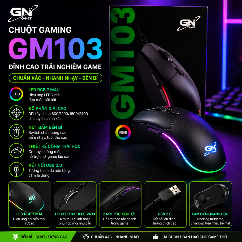 Chuột Gaming G-NET GM103 led RGB cao cấp cho game thủ và văn phòng 🔥
