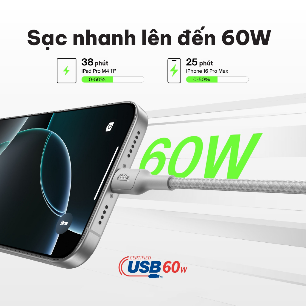 Cáp sạc nhanh Belkin USB Type C - C công suất 60W vỏ dù 1M chuẩn Apple PD siêu bền truyền dữ liệu bảo hành 2 năm | BigBuy360 - bigbuy360.vn