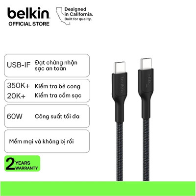Cáp sạc nhanh Belkin USB Type C - C công suất 60W vỏ dù 1M chuẩn Apple PD siêu bền truyền dữ liệu bảo hành 2 năm