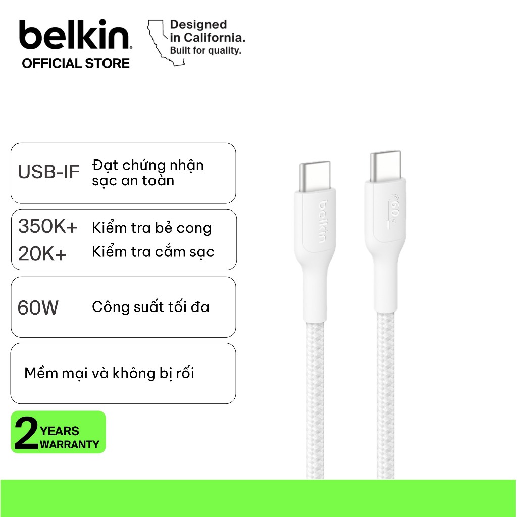 Cáp sạc nhanh Belkin USB Type C - C công suất 60W vỏ dù 1M chuẩn Apple PD siêu bền truyền dữ liệu bảo hành 2 năm | BigBuy360 - bigbuy360.vn