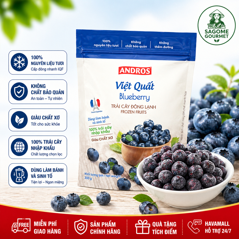 Việt Quất Cấp Đông IQF Andros 300g – IQF Blueberries Frozen