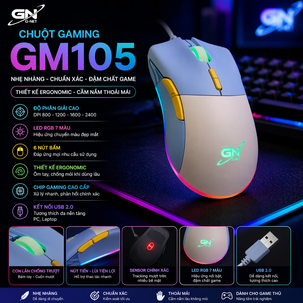 Chuột Gaming G-NET GM105 RGB cao cấp cho game thủ, led đẹp và hiệu năng cực ổn 🔥