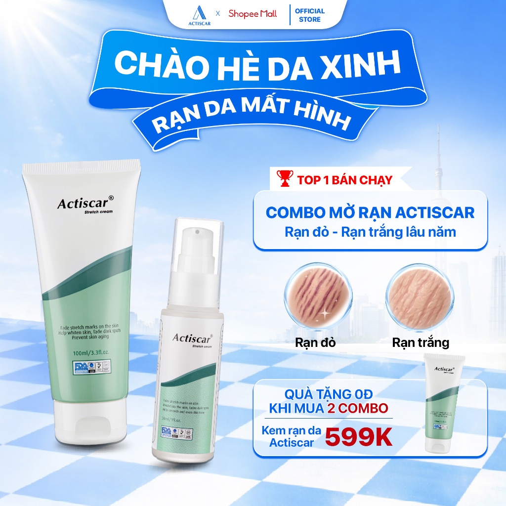 Combo Kem Rạn Da Và Serum Actiscar Stretch Làm Mờ Rạn Do Mang Thai, Dậy Thì, Tăng Cân, Cấp Ẩm Cho Da