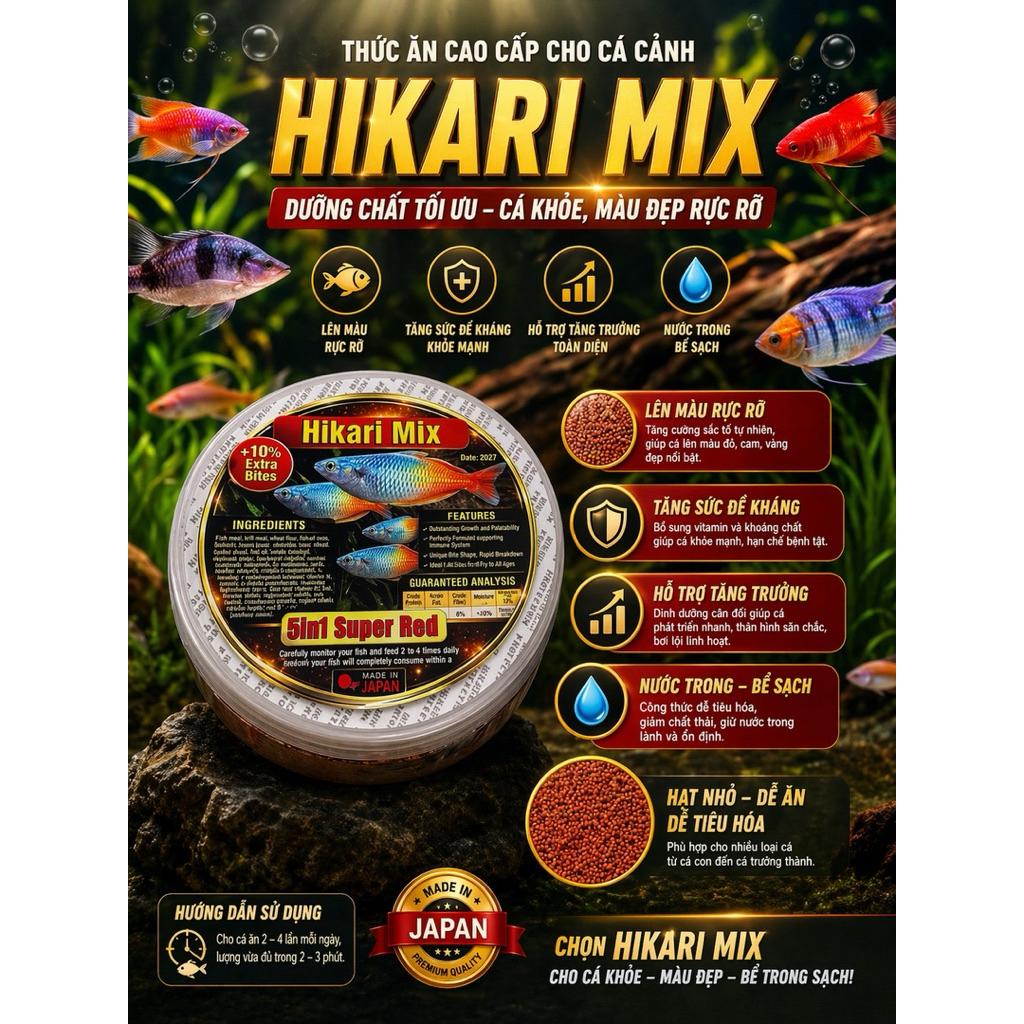 Hikari Mix 5in1 Super Red Thức ăn cám trùng huyết đỏ kích size, kích màu toàn diệaui
