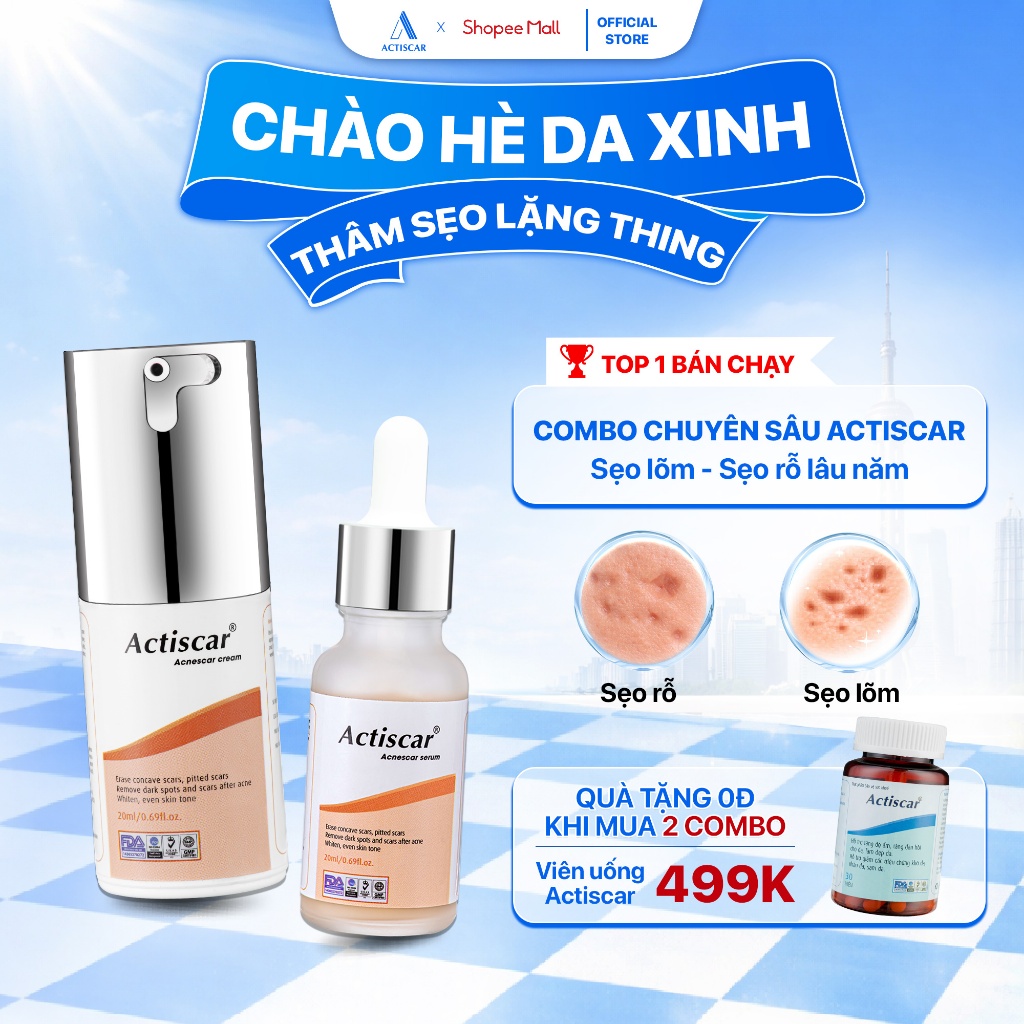 Combo Kem Và Serum Mờ Sẹo Chuyên Sâu Actiscar Làm Mờ Sẹo Lõm, Sẹo Rỗ, Sẹo Thâm Mụn Lâu Năm