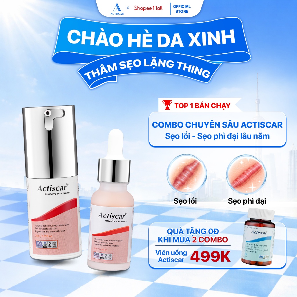 Combo Kem Và Serum Mờ Sẹo Chuyên Sâu Actiscar Cải Thiện Sẹo Lồi, Sẹo Phì Đại, Sẹo Thâm Lâu Năm